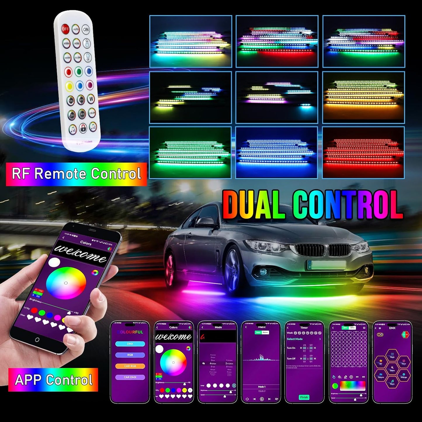 OPP ULITE Car Led Underglow Lights Aluminum Dream Chasing Color Accent Light Bar, RF Remote & APP Control Underglow Light Strip with Red Brake/Yellow Turn Signal/White Reverse Light Kit, 8PC Pack