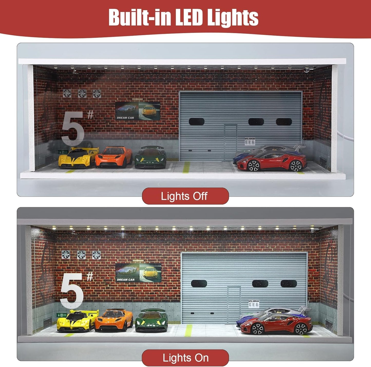 Display Case for Hot Wheels: Stackable Parking Garage for 1/64 Scale Matchbox Toy Car, FoamBoard Storage for Monster Trucks with LED Light and Acrylic Cover, Repair Store