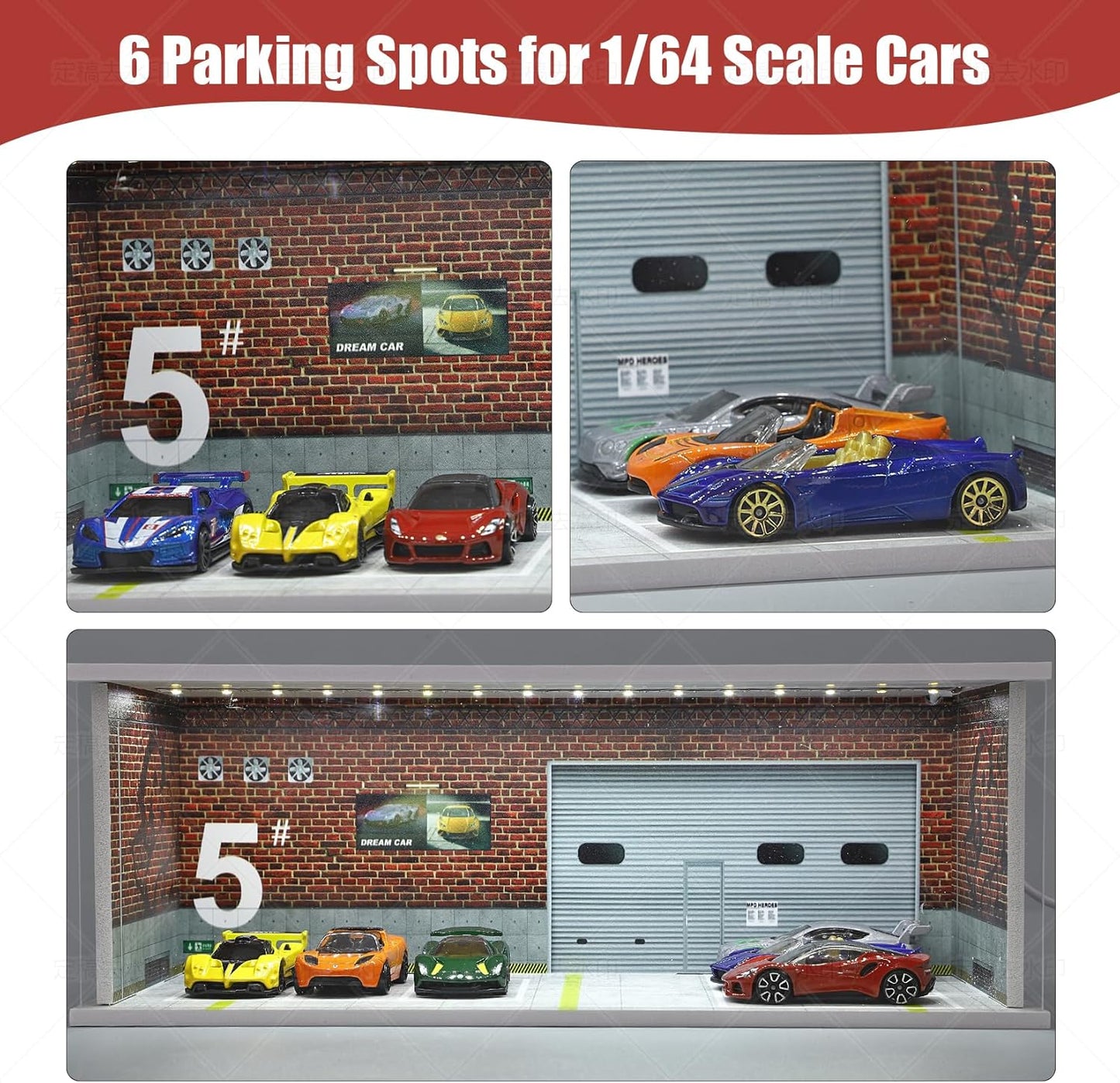 Display Case for Hot Wheels: Stackable Parking Garage for 1/64 Scale Matchbox Toy Car, Foamboard Storage for Monster Trucks with LED Light and Acrylic Cover, Depot