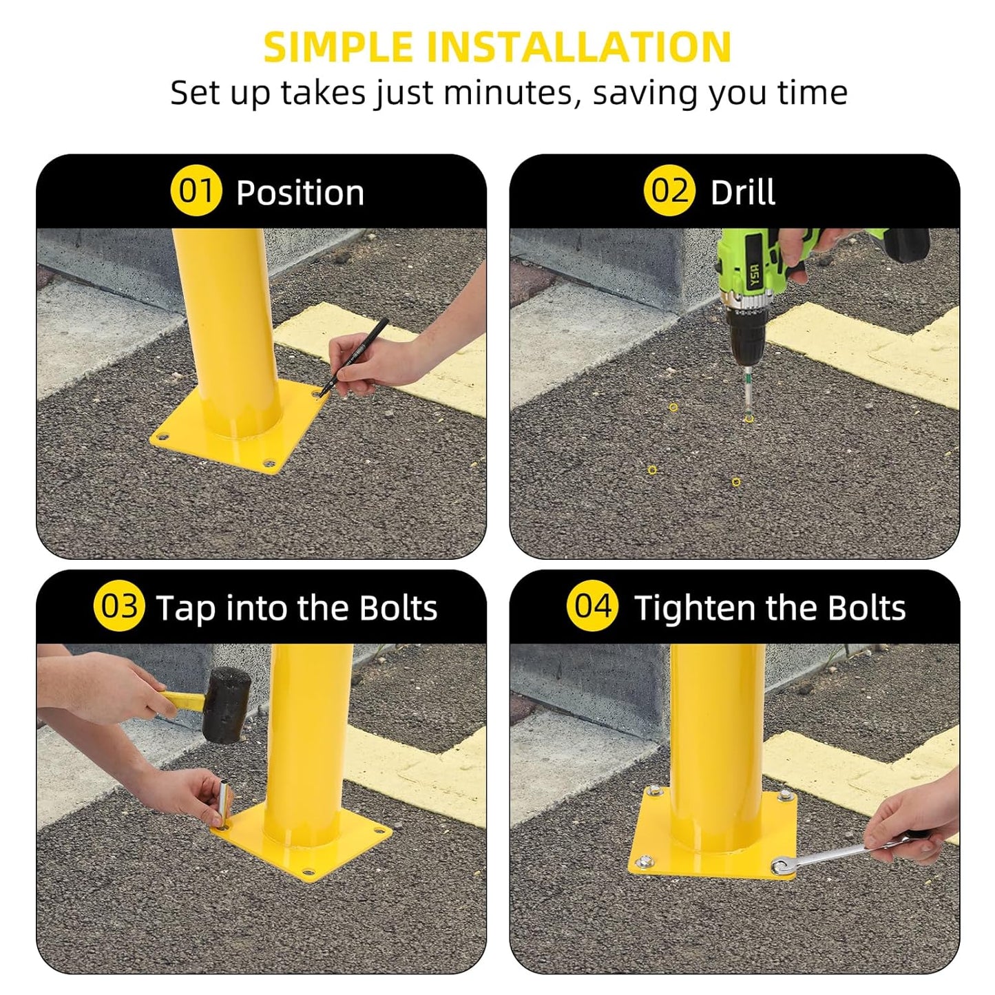 Safety Bollard 2 Packs, 42 Inch Height Steel Bollard Post for Parking Lot, 4.5 Inch Diameter Pipe, Yellow Safety Bollard Post with 8 Anchor Bolts, Ideal for Traffic-Sensitive Areas, Driveway Barrier