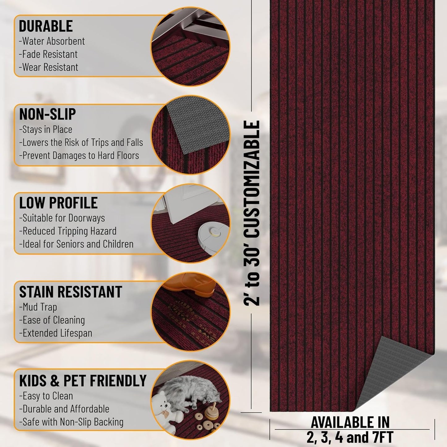 Ottomanson 2'7" x 7' Hallway Runner with Scraper Pile Extra Durable Non-Slip Rug Mat for Indoor & Outdoor Use - Ideal for Kitchen, Entryway, Patio & Garage - High-Traffic Carpet, Red