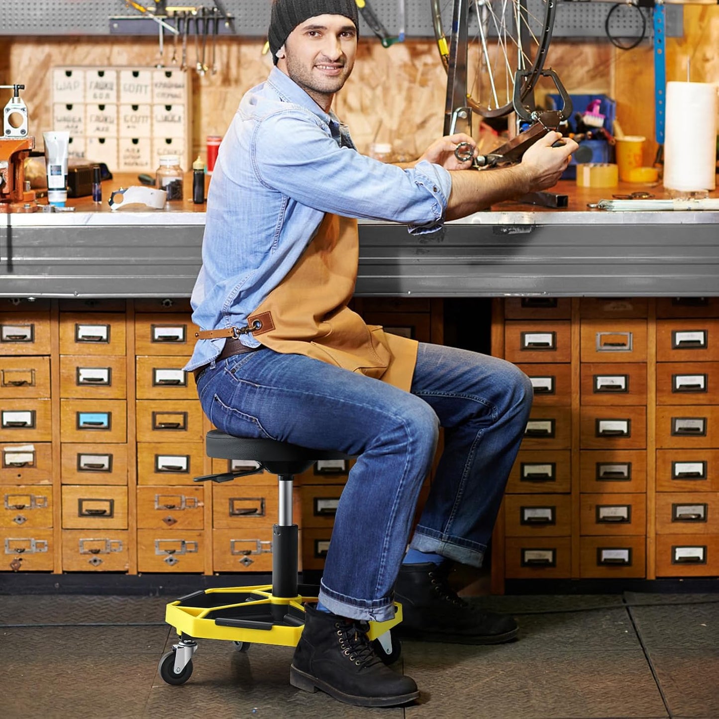 Goplus Mechanic Stool, Rolling Garage Chair with 16”-22” Adjustable Height, Removable Magnetic Tool Tray, 2” Thick Padded Cushion, Universal Wheels, 330LBS, Roller Creeper Seat (Yellow & Black)