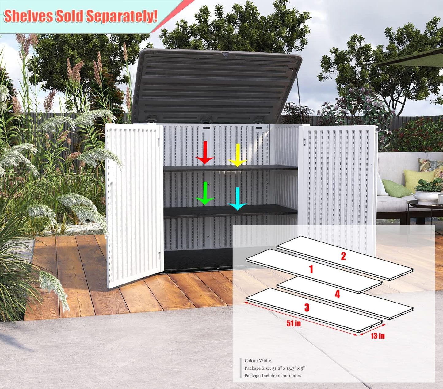 ADDOK 2SG Larger Horizontal Storage Shed Wood-Like, 4.4 x 2.8 ft Outdoor Storage Cabinet Lockable, Thick Resin Storage Unit for Trash Cans, Yard Tools（38 Cu.ft