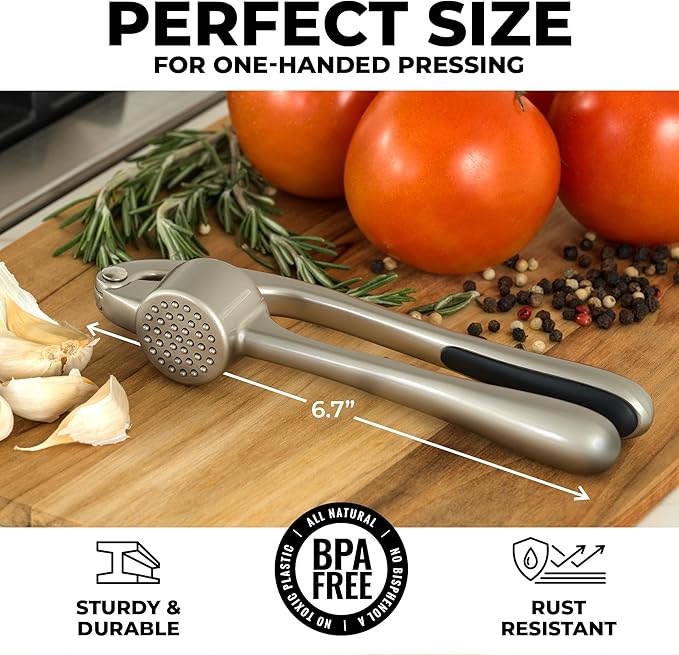 Zulay Kitchen Premium Garlic Press - Durable Garlic Masher with Soft, Easy to Squeeze Handle - Garlic Mincer Tool - Sturdy Easy to Clean Garlic Crusher (Silver)