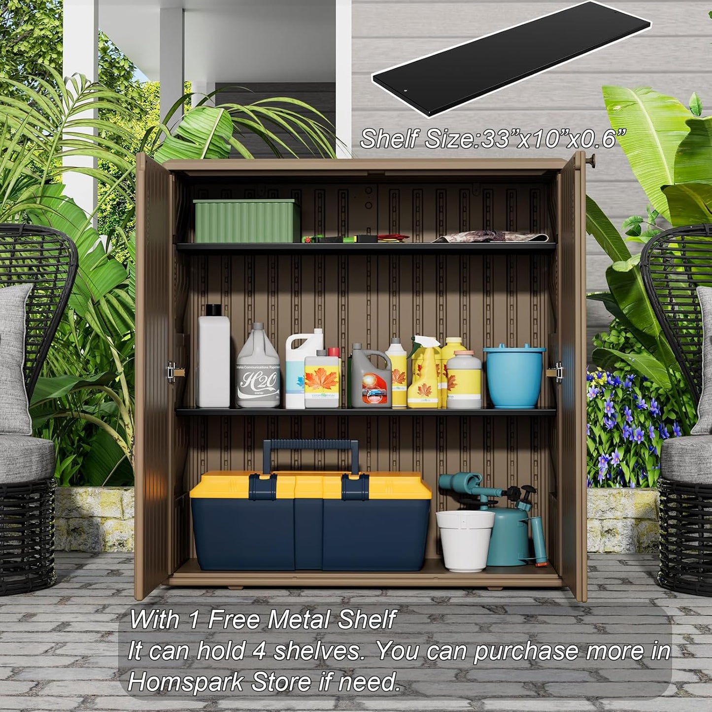 HOMSPARK Indoor/Outdoor Storage Cabinet with Doors and Shelf, 34”x16”x36” HDPE Plastic Storage Box for Bedroom, Bathroom, Living Room, Balcony, Multi-Purpose for Toys, Kitchen Tools, Coffee