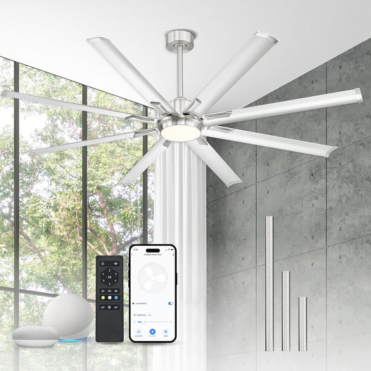 84 Inch Industrial Ceiling Fans with Lights and Remote,Extra Large Indoor/Outdoor Ceiling Fan with 8 Aluminium Metal Blades,Brushed Nickel Ceiling Fan,CF04BN-84