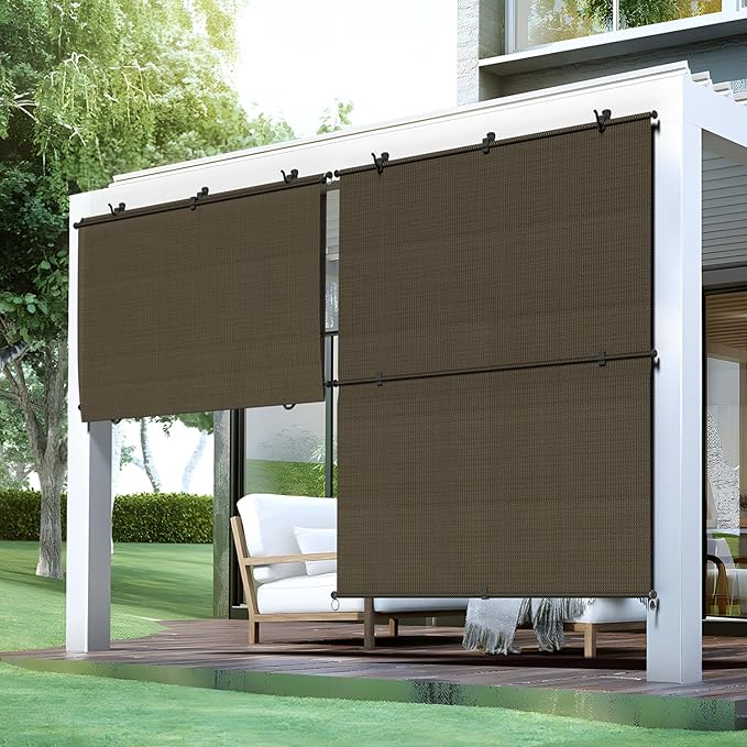 Bynbbur 5'W x 11'H Outdoor Patio Shades Foldable Roller Blinds, 220 GSM Sun Shade Roll Up Porch Screens Exterior Shade Cloth for Deck Pergola Backyard, Brown