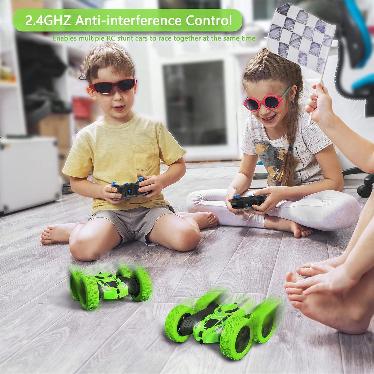 Remote Control Car, Double Sided 360°Rotating 4WD RC Cars with Headlights 2.4GHz Electric Race Stunt Toy Car Rechargeable Toy Cars for Boys Girls Birthday (Green)
