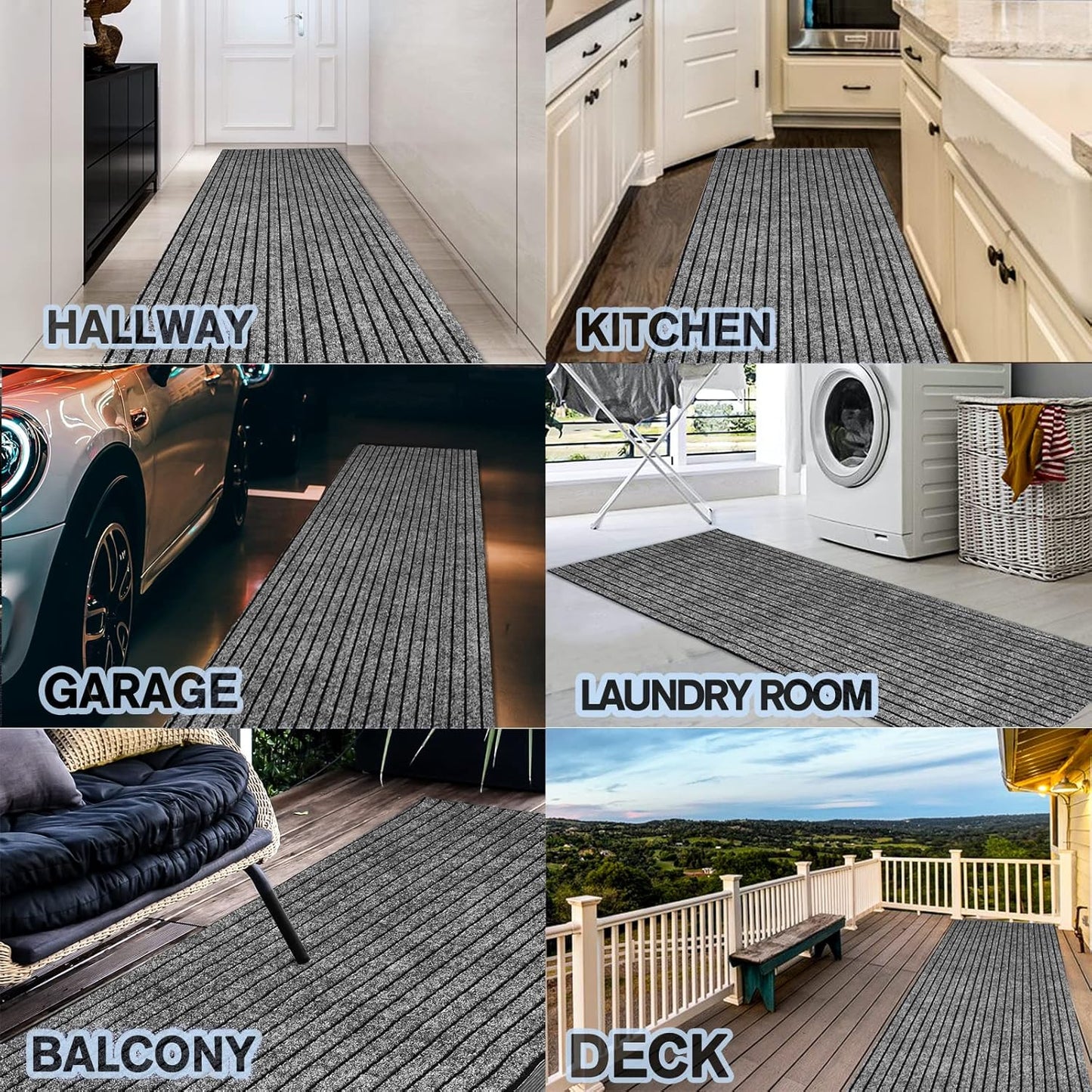Custom Size Backed Non-Slip Area Rugs Runner, Easy Clean, Waterproof Runner Rugs for Hallway Entryway, Kitchen, Laundry, 2FT x 9FT, Gray Stripe