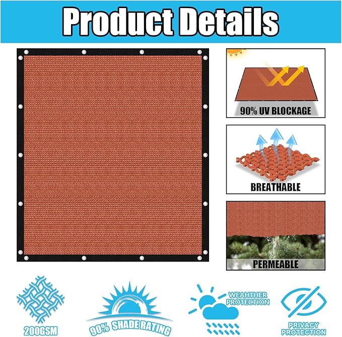 Amagenix 90% Pergola Shade Cover 5' X 10' Sun Shade Cloth with Grommets for Outdoor Garden Patio Porch, Commercial Grade 200 GSM - Cable Zip Ties Included (We Customized) GN108, Rust Red