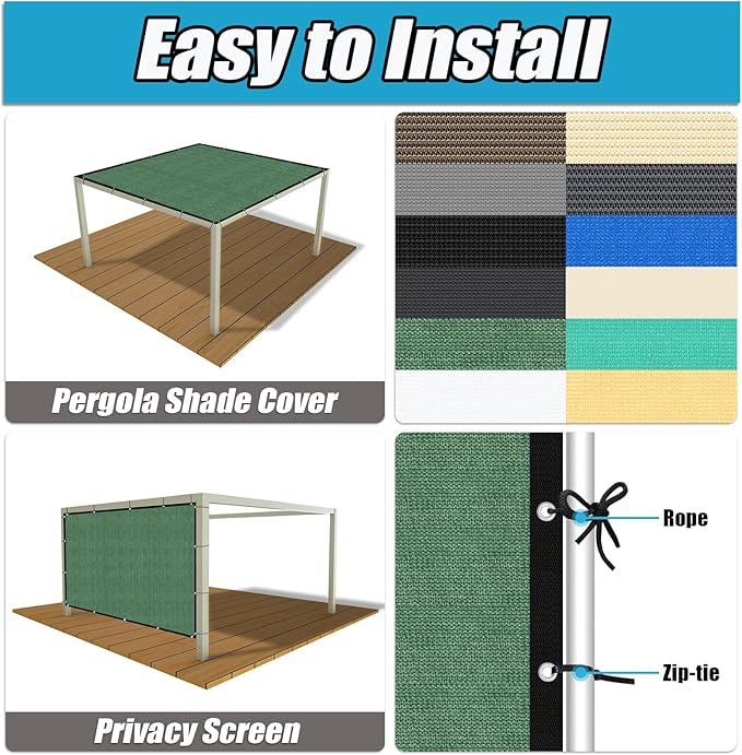 Amagenix 90% Pergola Shade Cover 7' X 10' Sun Shade Cloth with Grommets for Outdoor Garden Patio Porch, Commercial Grade 200 GSM - Cable Zip Ties Included (We Customized) GN108, Green