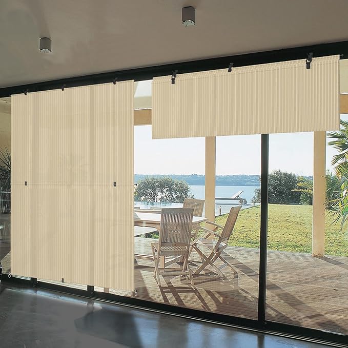 Bynbbur 7'W x 10'H Outdoor Patio Shades Foldable Roller Blinds, 220 GSM Sun Shade Roll Up Porch Screens Exterior Shade Cloth for Deck Pergola Backyard, Beige