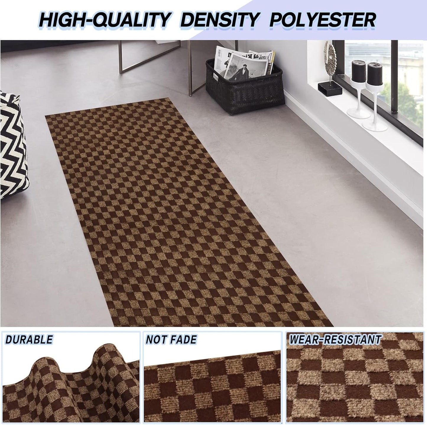 Custom Size Backed Non-Slip Area Rugs Runner, Easy Clean, Waterproof Runner Rugs for Hallway Entryway, Kitchen, Laundry, 3FT x 6FT, Brown Checkered