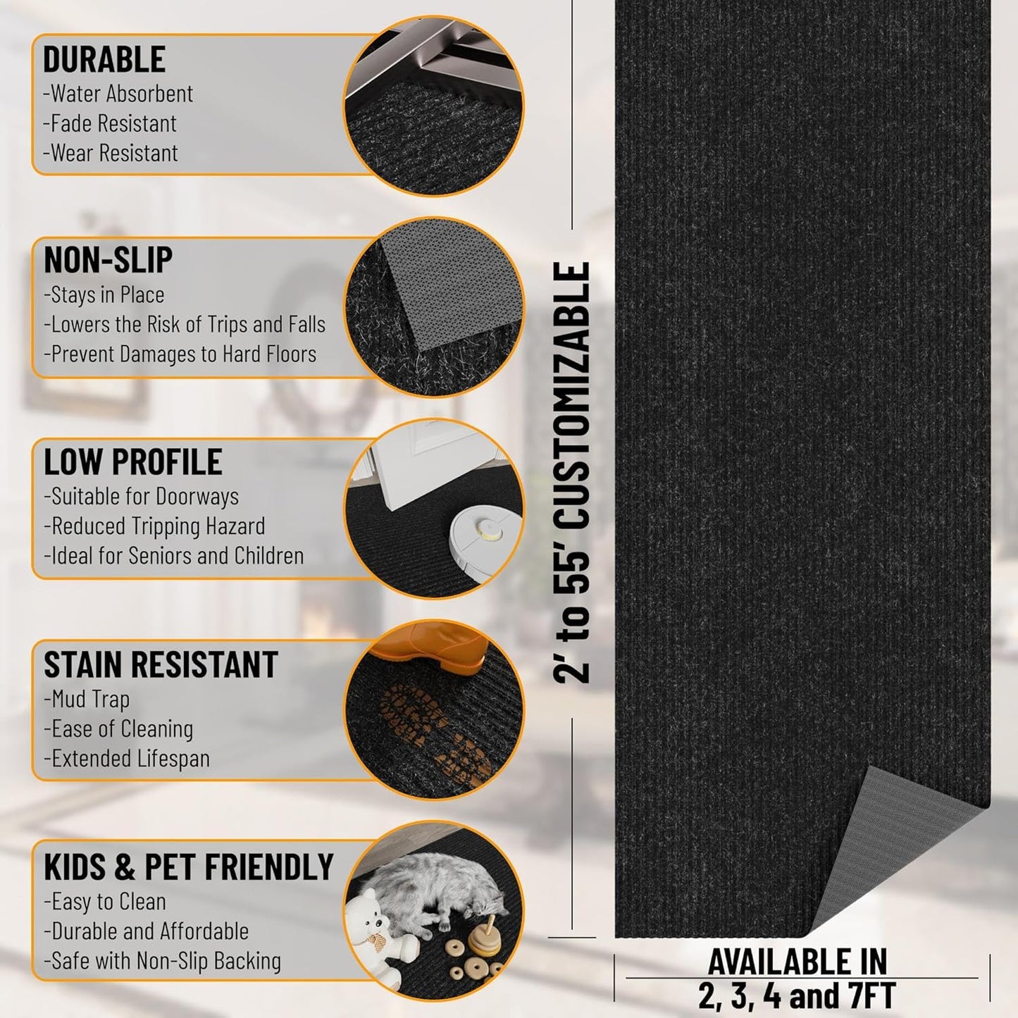 Ottomanson 2'7" x 25' Hallway Runner with Scraper Pile - Extra Durable Non-Slip Rug Mat for Indoor & Outdoor Use - Ideal for Kitchen, Entryway & Garage - High-Traffic Carpet, Black