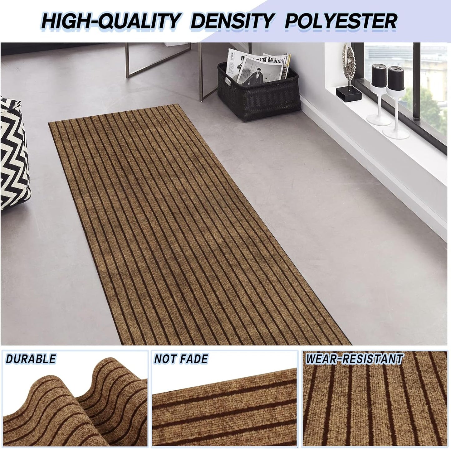 Custom Size Backed Non-Slip Area Rugs Runner, Easy Clean, Waterproof Runner Rugs for Hallway Entryway, Kitchen, Laundry, 4FT x 5FT, Brown Stripe