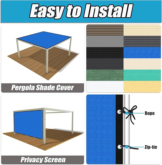 Amagenix 90% Pergola Shade Cover 12' X 12' Sun Shade Cloth with Grommets for Outdoor Garden Patio Porch, Commercial Grade 200 GSM - Cable Zip Ties Included (We Customized) GN108, Blue