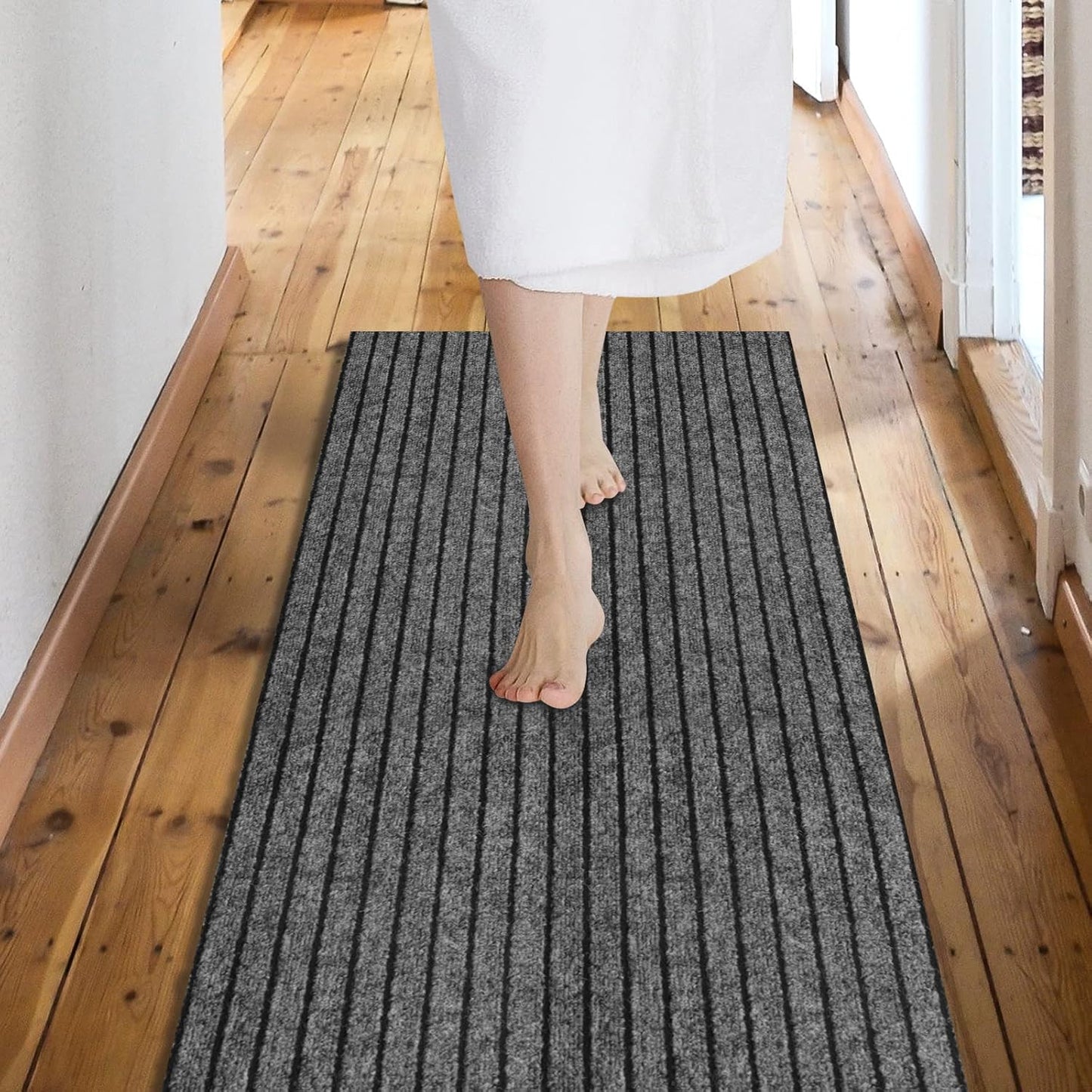 Custom Size Backed Non-Slip Area Rugs Runner, Easy Clean, Waterproof Runner Rugs for Hallway Entryway, Kitchen, Laundry, 3FT x 66FT, Gray Stripe