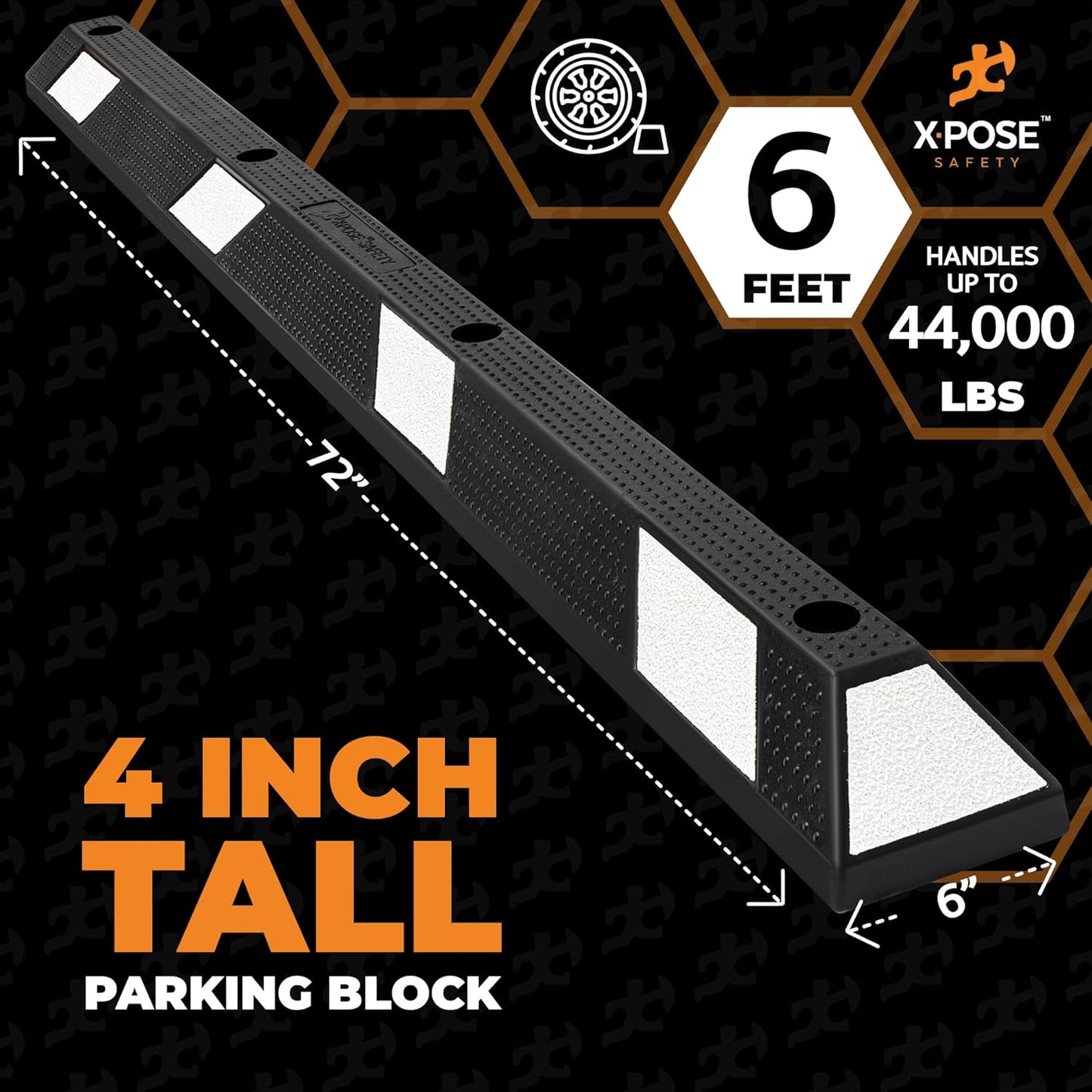 Xpose Safety 72" Heavy Duty Rubber Parking Stopper – 10 Pack Wheel Blocks for Garage, Driveway, or Ramp – Car Bumper Stop with White Reflective Strips – Removable Floor Mount
