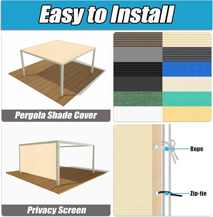 Amagenix 90% Pergola Shade Cover 5' X 11' Sun Shade Cloth with Grommets for Outdoor Garden Patio Porch, Commercial Grade 200 GSM - Cable Zip Ties Included (We Customized) GN108, Wheat