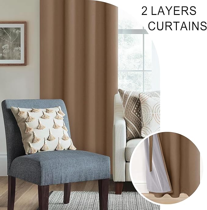 XWZO 100% Blackout Curtains 2 Panels with Tiebacks- Extra Wide Heat and Full Light Blocking Window Treatment with Grommets for Bedroom/Nursery, Cappuccino, W60 x L84 Inches Long, Set of 2