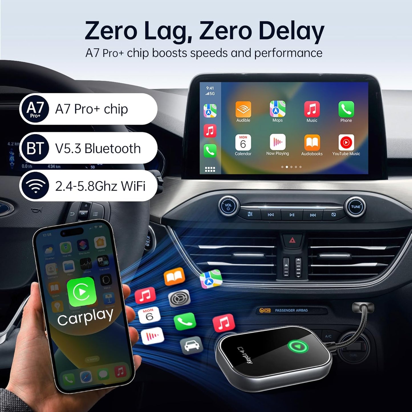 Wireless CarPlay Adapter, Converts Wired to Wireless CarPlay Dongle for Apple iPhone, Plug & Play Auto Connect Zero Latency fits for Cars from 2015 & iOS 10+ Space Gray