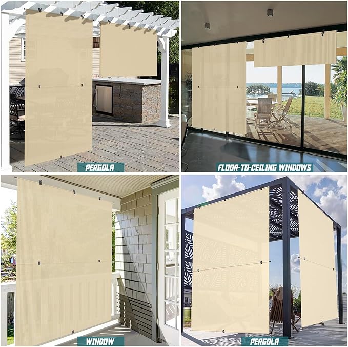 Bynbbur 4'W x 11.5'H Outdoor Patio Shades Foldable Roller Blinds, 220 GSM Sun Shade Roll Up Porch Screens Exterior Shade Cloth for Deck Pergola Backyard, Beige