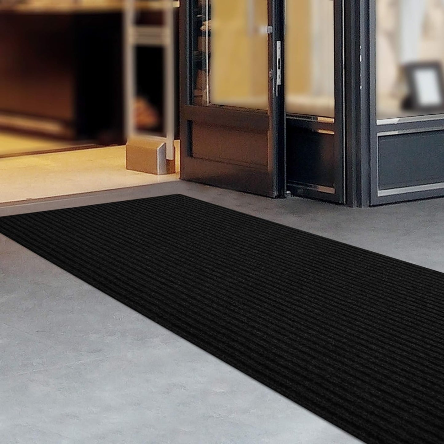 iCustomRug Spartan Weather Warrior Indoor/Outdoor Utility Ribbed Carpet Runner with Non-Slip Thermoplastic Rubber Backing, 3ft X 48ft in Black
