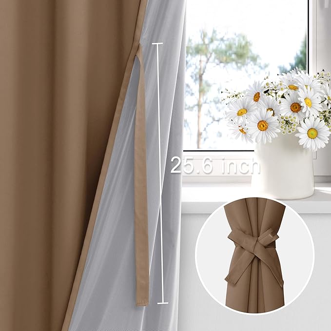 XWZO Complete Blackout Shades Window Curtain Panels with Tiebacks- Noise Reduction and Light Blocking Grommet Curtains with Black Liner for Studio/Living Room, Cappuccino, W70 x L84, Set of 2