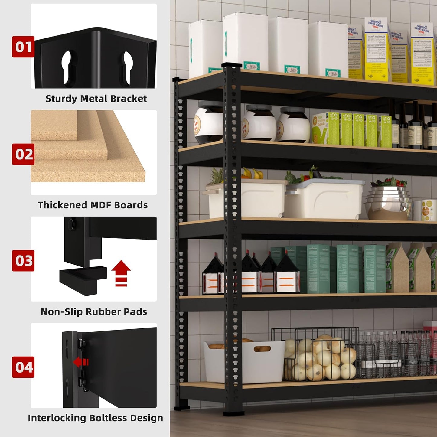 4 Packs 48" W x 24" D x 72" H Adjustable Garage Storage Shelves - 5-Shelf Heavy Duty Shelving Unit, Metal Utility Storage Organizer Racks for Warehouse Pantry Closet Kitchen, Black