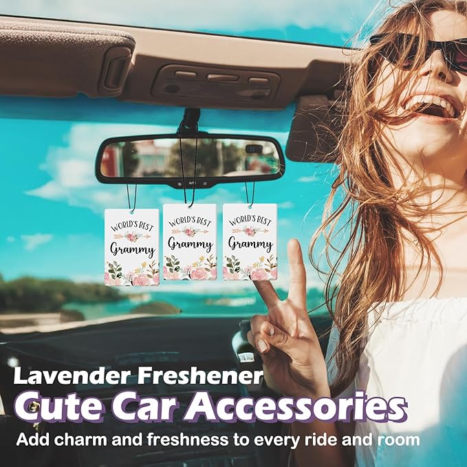Grammy Grandma Gifts Car Air Freshener Accessories 3pcs,World's Best Gifts for Granmda Christmas, Pink Flower Rustic Hanging Scent Lavender Fragrance Card for Women Closet Bathroom Home Decor