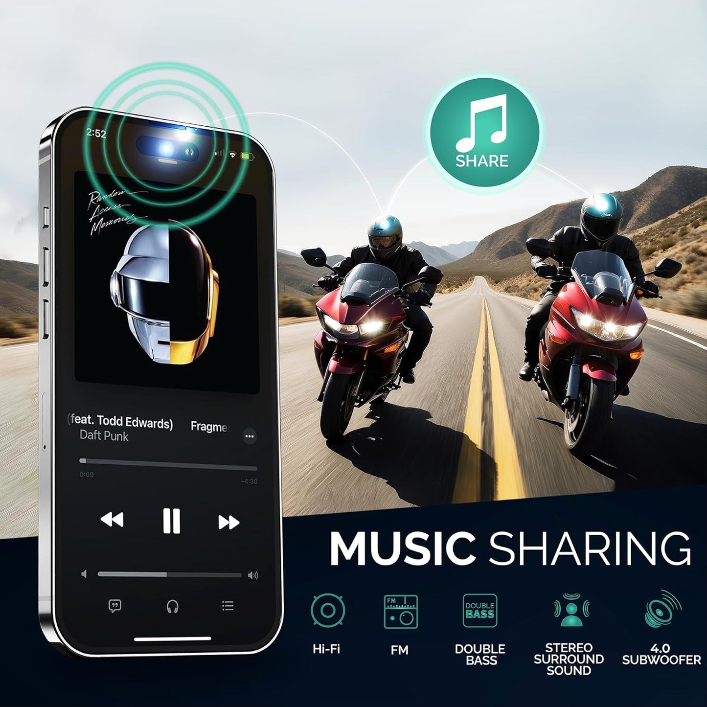 V8 Motorcycle Bluetooth Headset, Helmet Intercom with FM and Music Sharing Noise Cancelling DSP&CVC HiFi Stereo 1000M to 2000M Intercomunicador Moto (Dual Pack, 2X)