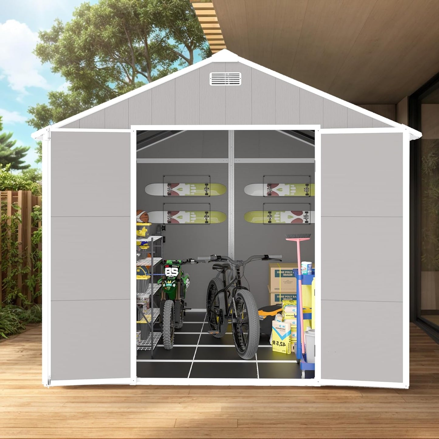 Resin Storage Shed 10x8 ft, Large Outdoor Sheds with Floor, Lockable Doors and Vents, HD Window, 12mm Thick pp Board, Garden Storage Tool Shed for Backyard Patio Lawn (Grey, 10 * 8ft)