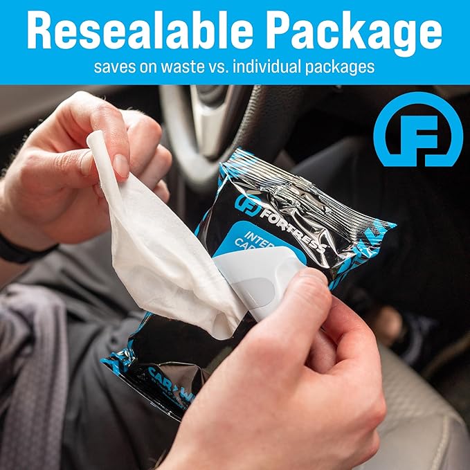 Fortress Car Interior Wipes with Microfiber Cloth (25 ct, Pack of 2) for Car Interior Cleaning, Dashboard, Seats, Detailing, and Steering Wheel [Travel Size] Skin-Safe Car Interior Cleaner Supplies