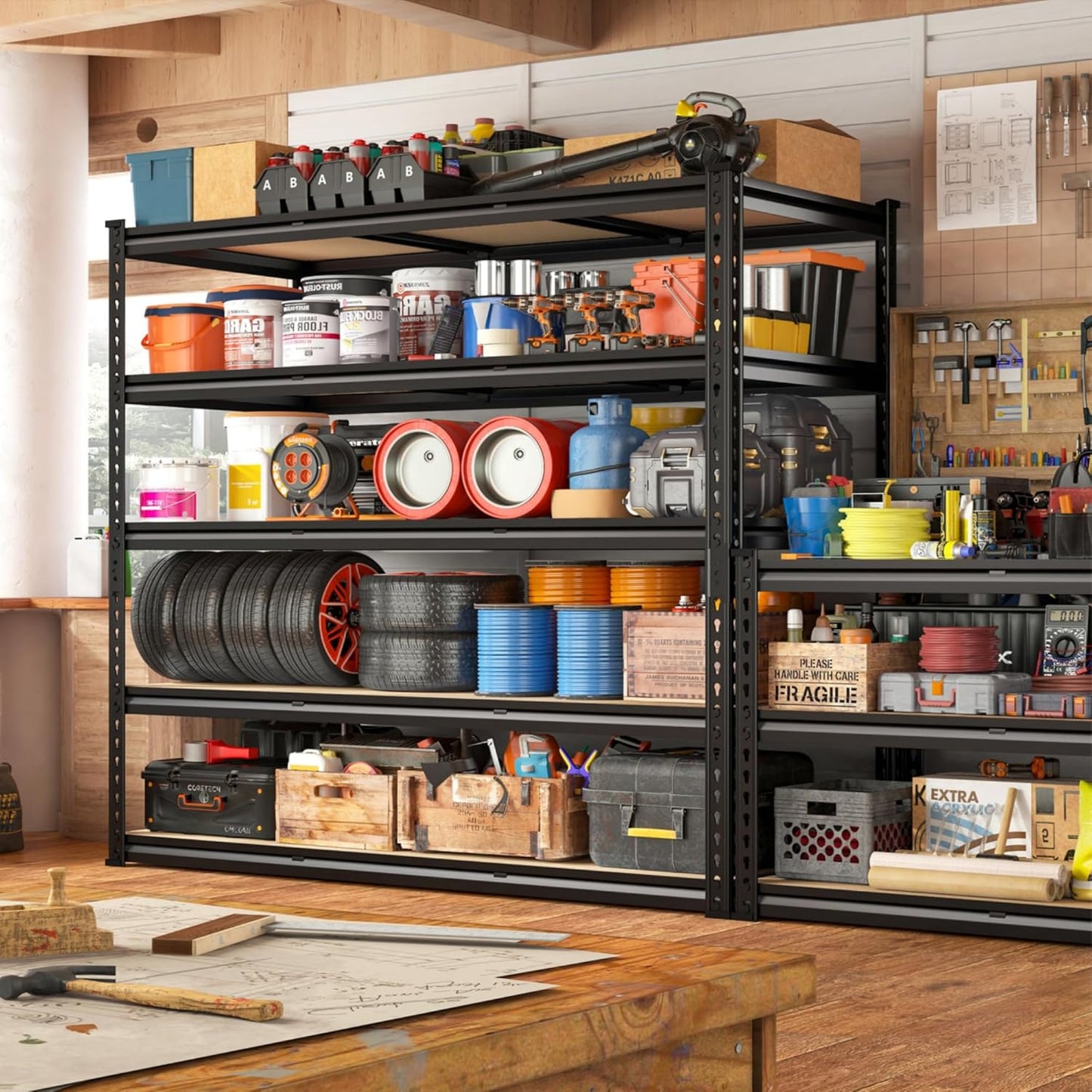REIBII 48" W Garage Shelving Heavy Duty, 3000LBS Storage Shelves, 5-Tier Adjustable Metal Shelving, Garage Shelves Sturdy Industrial Shelf, Easy Assemble, 72" H x 48" W x 18" D