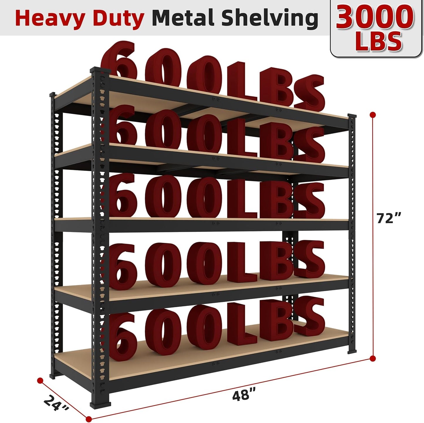 48" W x 24" D x 72" H Adjustable Garage Storage Shelves - 5-Shelf Heavy Duty Shelving Unit, Metal Utility Storage Organizer Racks for Warehouse Pantry Closet Kitchen, Black