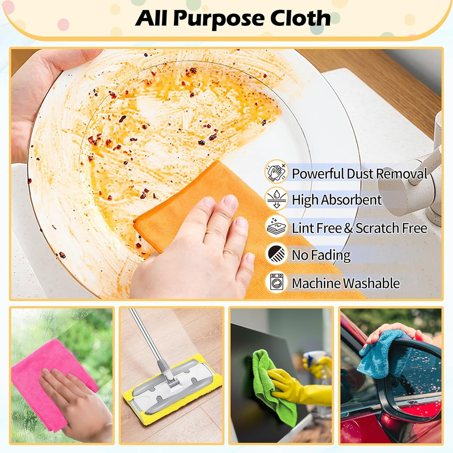FIXSMITH Microfiber Cleaning Cloth, 50 Pack Cleaning Rags, Cleaning Towels for Housekeeping, Kitchen, Car, Lint-Free, Reusable Shop Towels with 5 Colors (Green/Blue/Yellow/Orange/Pink), 12"X12"
