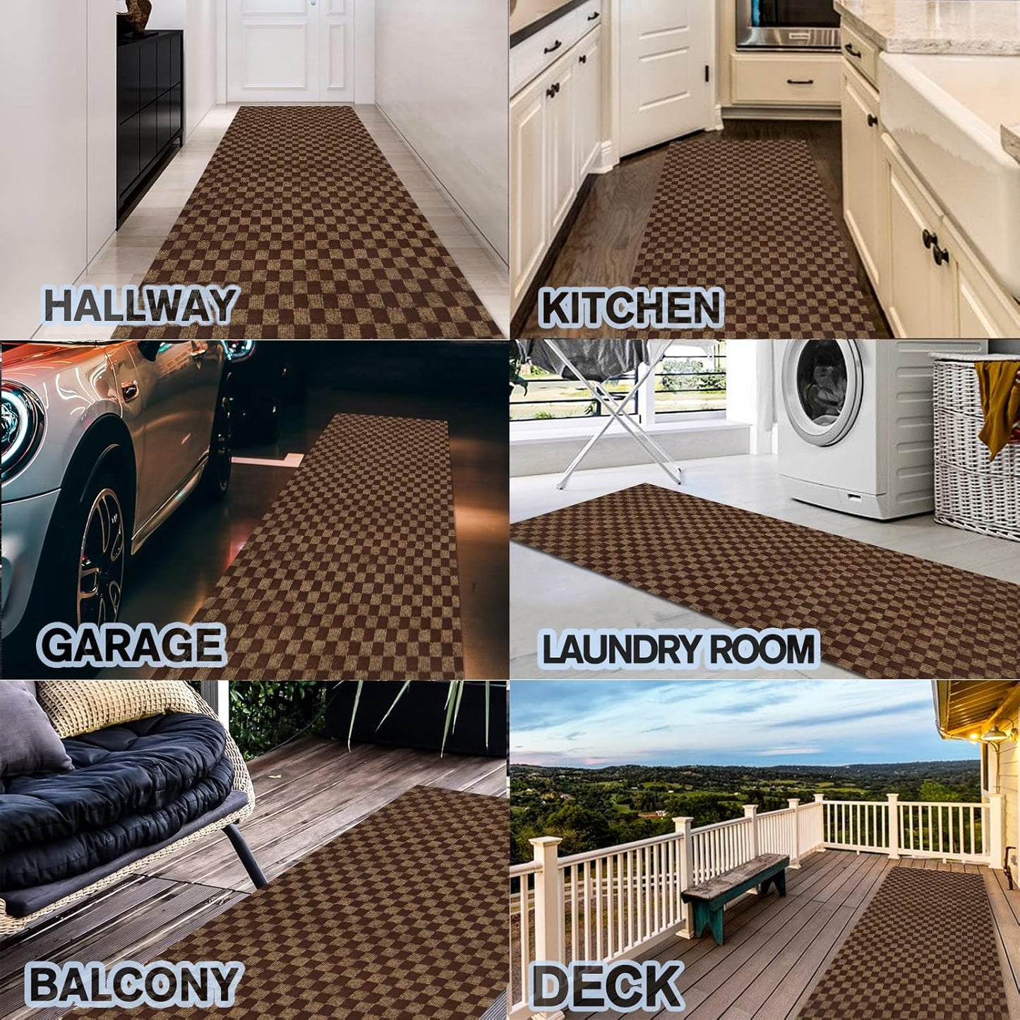 Custom Size Backed Non-Slip Area Rugs Runner, Easy Clean, Waterproof Runner Rugs for Hallway Entryway, Kitchen, Laundry, 4FT x 17FT, Brown Checkered