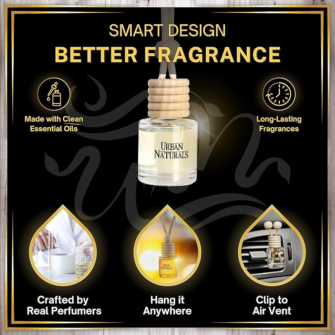 Urban Naturals Car Air Freshener Smoky Bourbon Scent Diffuser, Long Lasting Car Fresheners Made in USA, Odor Eliminating Technology, Hanging Auto Accessories + Vent Clip (1 Pack)