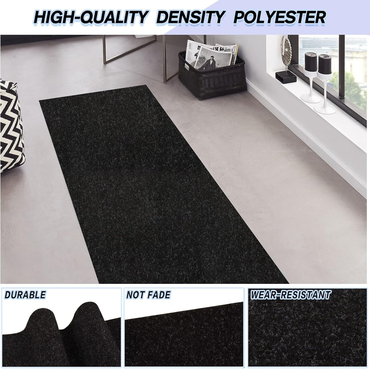 Custom Size Backed Non-Slip Area Rugs Runner, Easy Clean, Waterproof Runner Rugs for Hallway Entryway, Kitchen, Laundry, 2FT x 66FT, Black