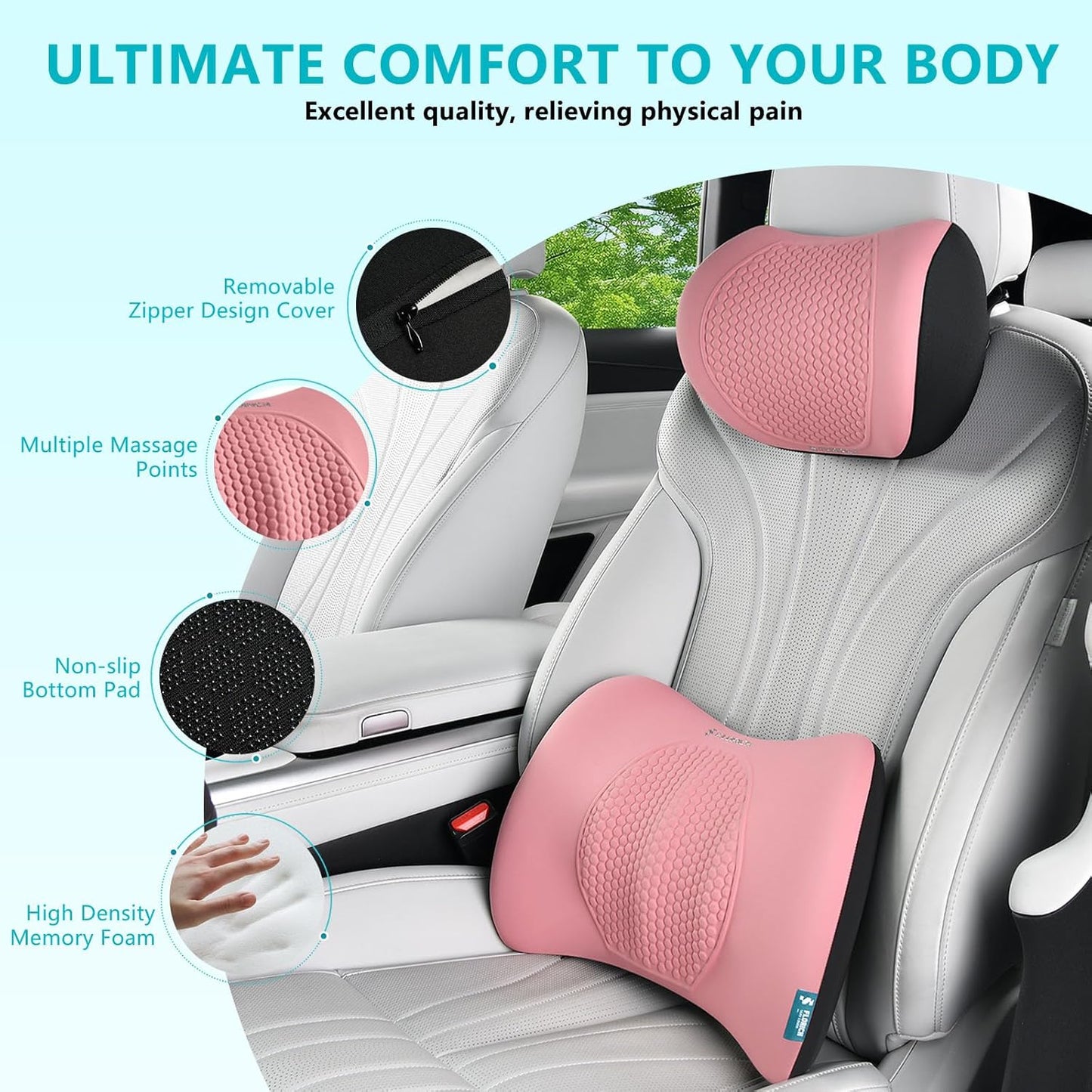 FLORICH Lumbar Support with Car headrest Back Pillow for Chair Headrest Pillow with Gel Memory Foam Massage Point Lumbar Support(Pink)