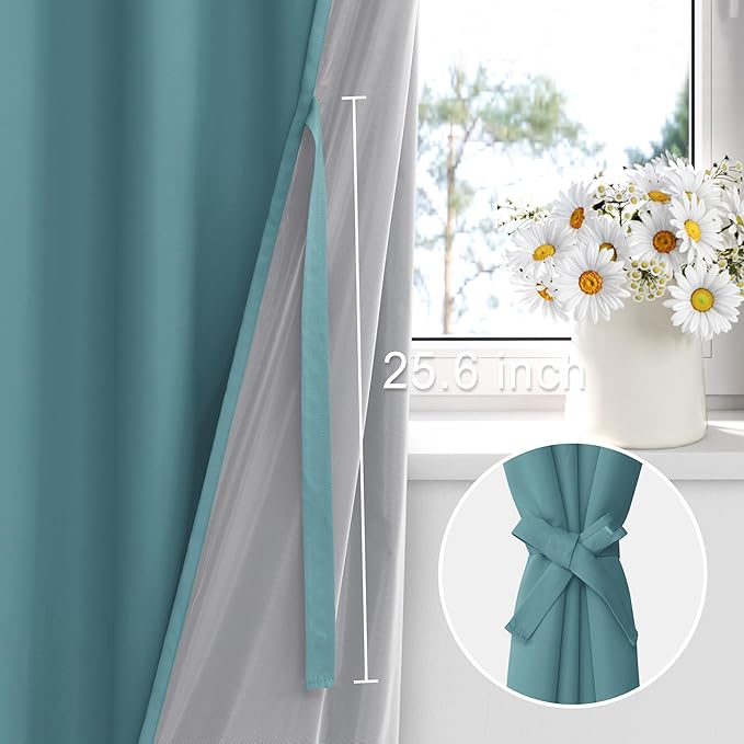 XWZO 100% Blackout Curtains - Thermal Insulated Black Liner Curtains, Noise Reducing and Heat Blocking Drapes for Hall and Studio Windows with Tiebacks, Stone Blue, W42 x L45, Set of 2