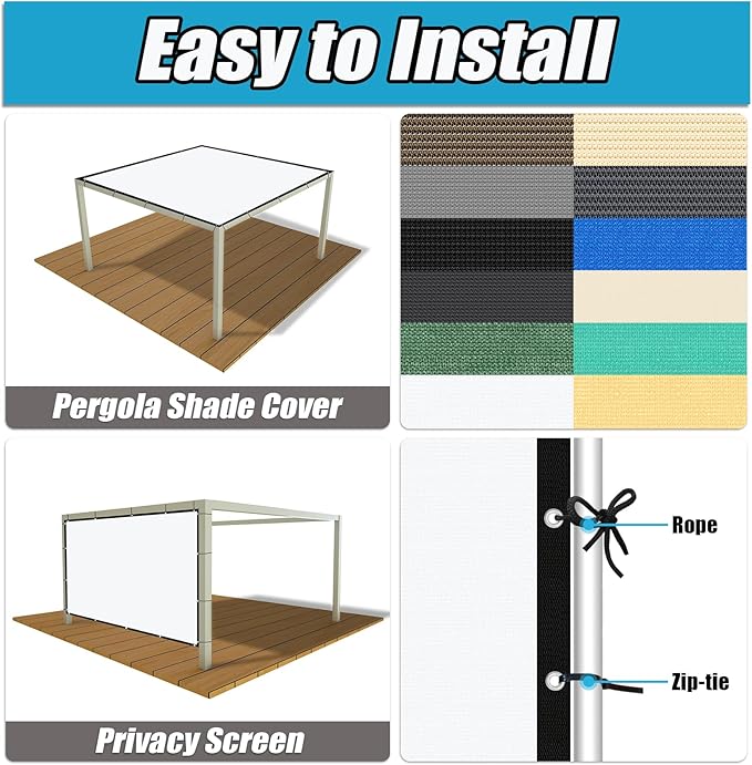 Amagenix 90% Pergola Shade Cover 7' X 11' Sun Shade Cloth with Grommets for Outdoor Garden Patio Porch, Commercial Grade 200 GSM - Cable Zip Ties Included (We Customized) GN108, White