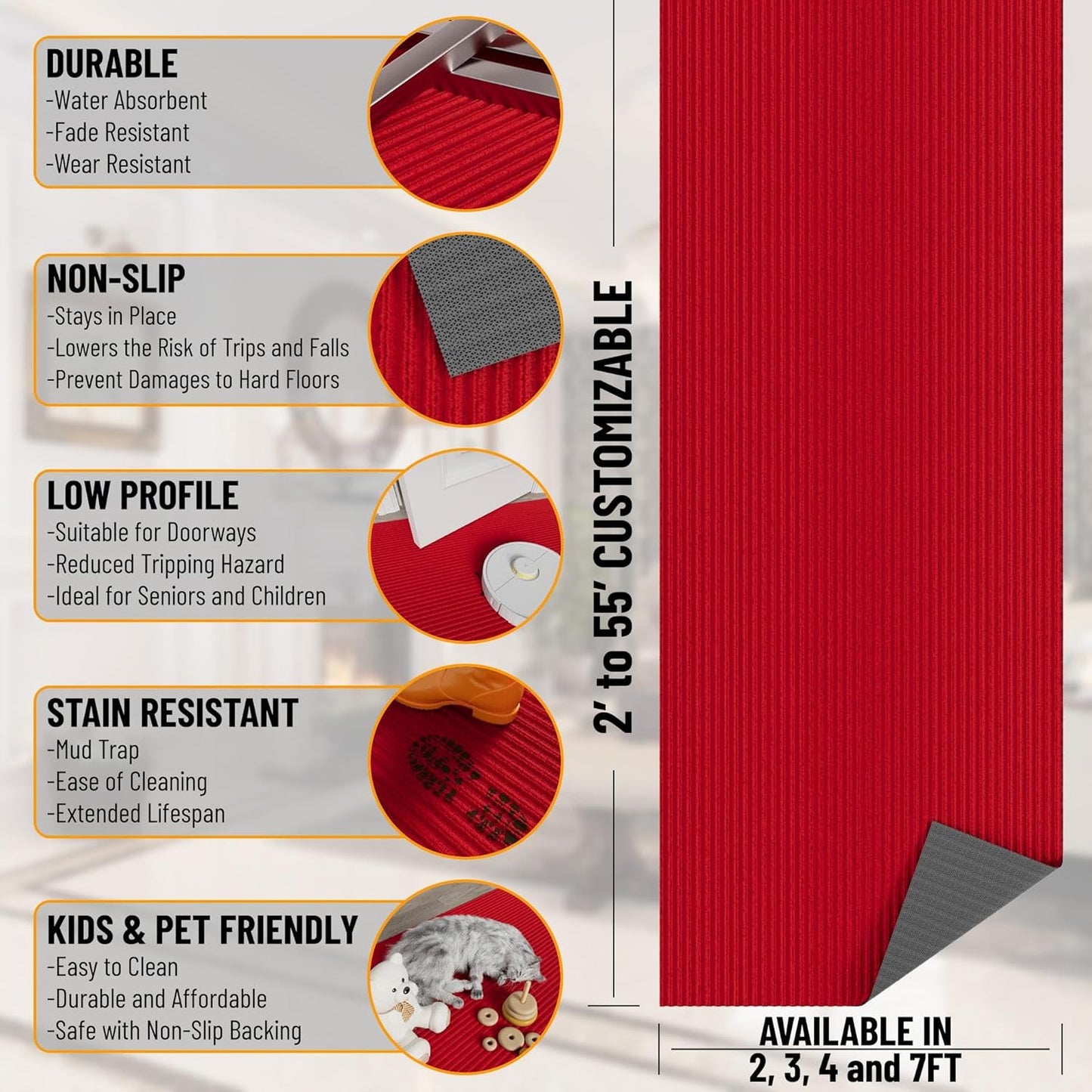 Ottomanson 6' x 6'6" Mud Mat Area Rug Scraper Carpet - Non-Slip, Dirt Trapping for Indoor & Outdoor Use - Ideal for Entryway, Garage, Kitchen, Patio & High-Traffic Areas, Red