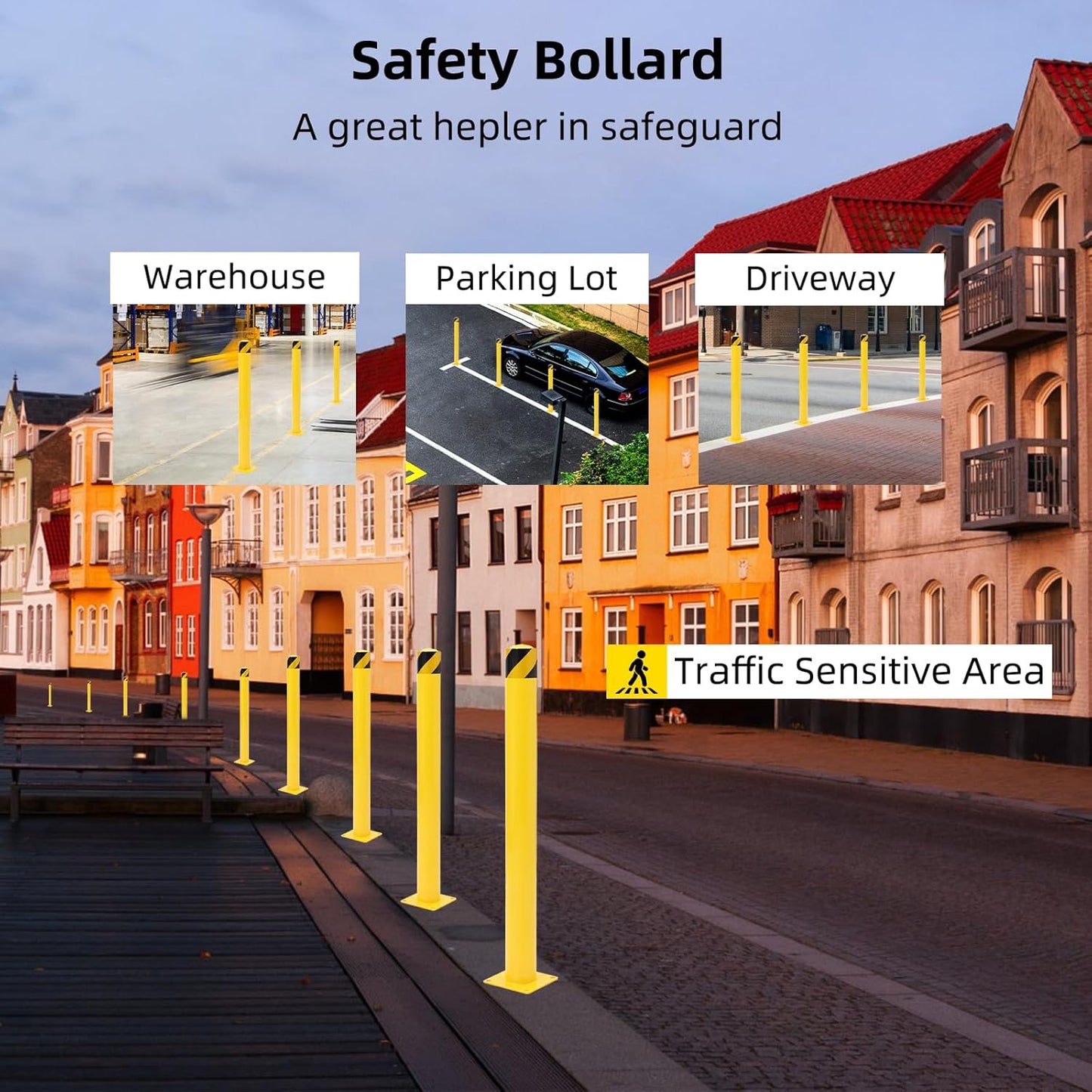 Safety Bollard 4 Packs, 48 Inch Height Steel Bollard Post for Parking Lot, 4.5 Inch Diameter Pipe, Yellow Safety Bollard Post with 8 Anchor Bolts, Ideal for Traffic-Sensitive Areas, Driveway Barrier