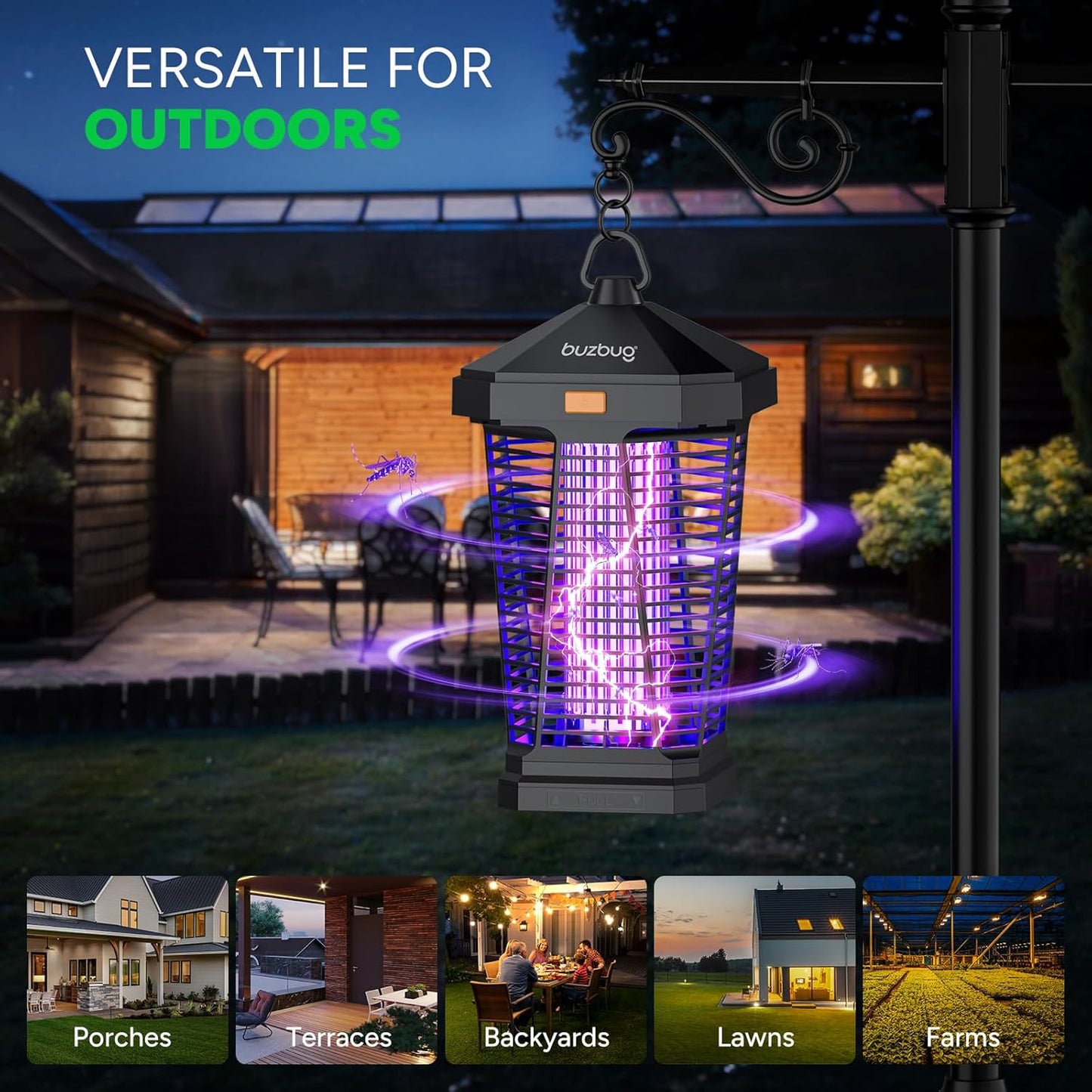 Buzbug LED Bug Zapper Outdoor and Lighting, 10 Years Lifespan, IPX4 Waterproof, 3800V High-Voltage, Fireproof Shell, 6.5ft Power Cord, Fruit Fly Mosquito Moth Gnat Wasp Zapper, Trap, Killer -MA20
