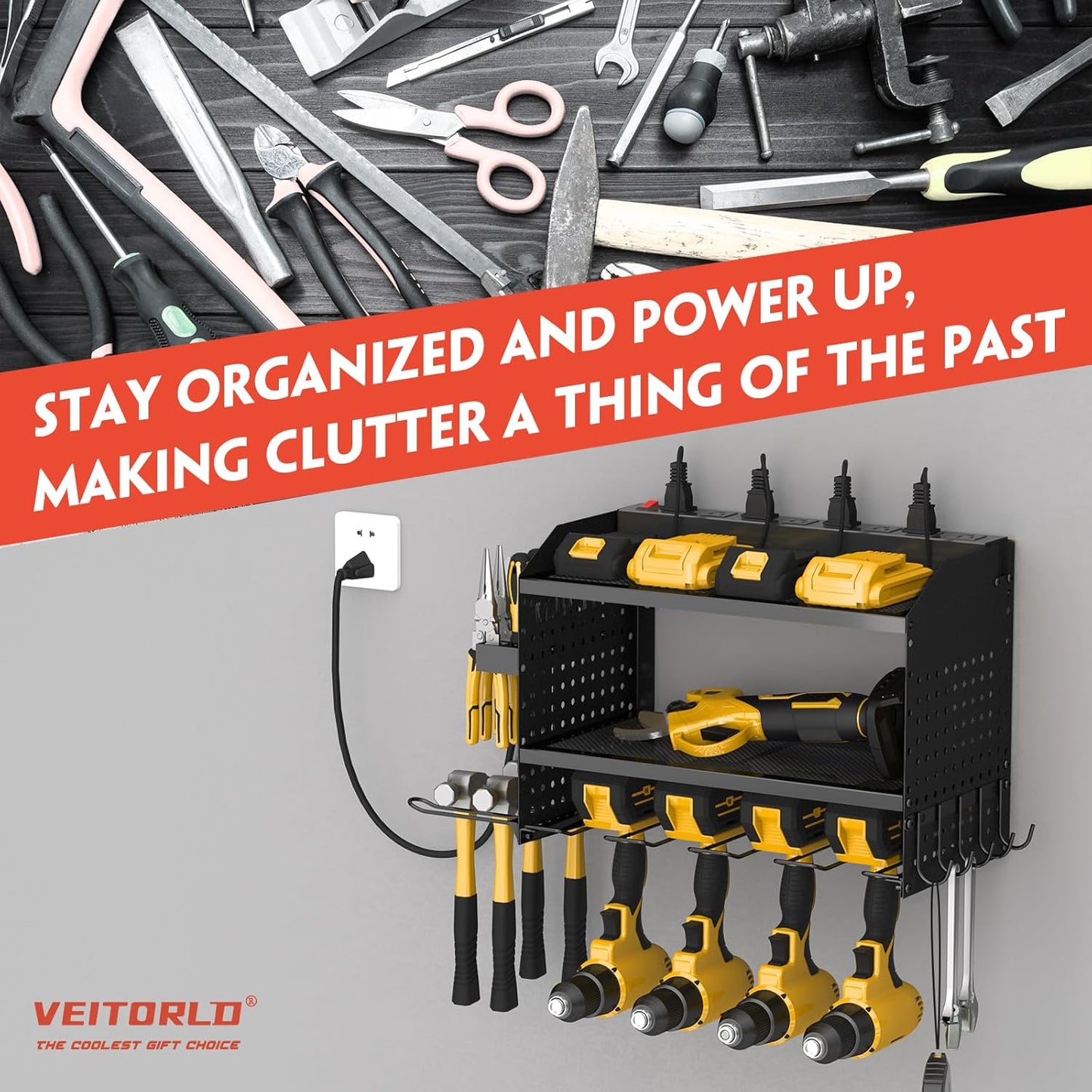 Veitorld Power Tool Organizer Wall Mount with Charging Station, 4 Drill Holder Heavy Duty Cordless Tool Storage Rack, Metal Garage Organizers and Storage, Christmas Birthday Gifts for Men Dad Him