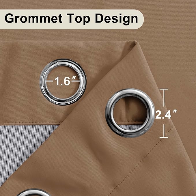 XWZO Full Shading Blackout Curtains 54 Inches Length - Heat and Light Blocking Ring Top Window Drapes with Black Liner Backing for Bedroom Sewn with Tiebacks, Cappuccino, W52 x L54, Set of 2 Panels