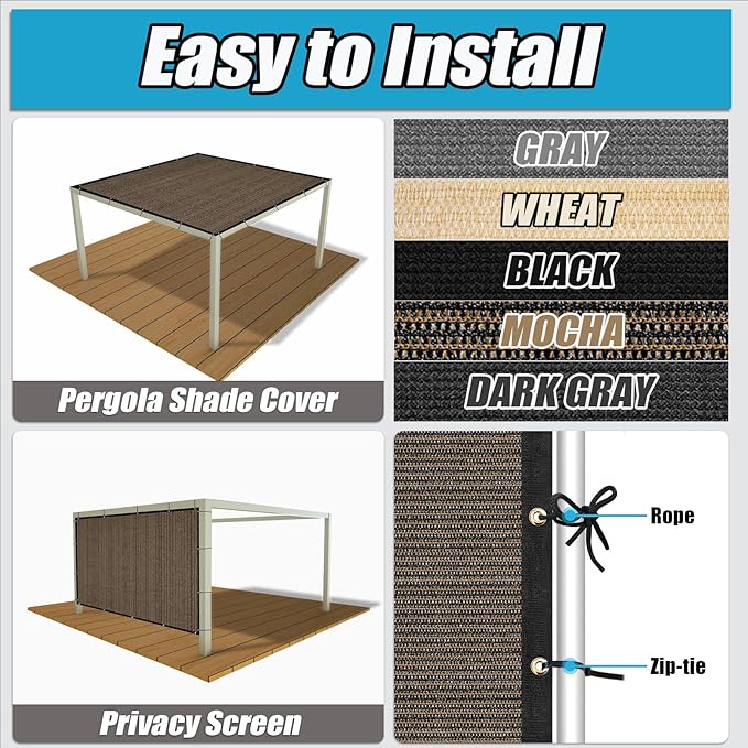 Amagenix 90% Shade Fabric 10'X 15' Mocha Sun Shade Cloth with Grommets for Pergola Replacement Shade Cover Canopy, Heavy Duty, Cable Zip Ties Included (We Customized)