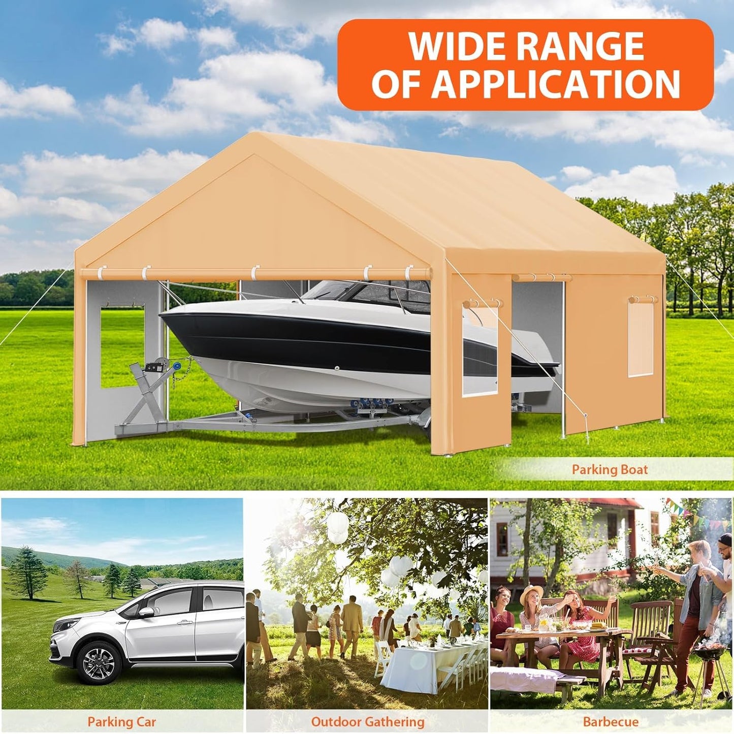 13x25 FT Heavy Duty Carport, Oversized Portable Garage with 4 Doors & 4 Windows, Reinforced Frame, All Weather Protection Outdoor Shelter Canopy for Cars, Boats, Trucks, BBQ and Outdoor Gatherings