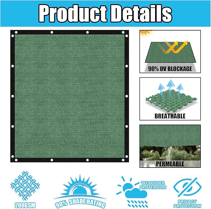 Amagenix 90% Pergola Shade Cover 7' X 18' Sun Shade Cloth with Grommets for Outdoor Garden Patio Porch, Commercial Grade 200 GSM - Cable Zip Ties Included (We Customized) GN108, Green
